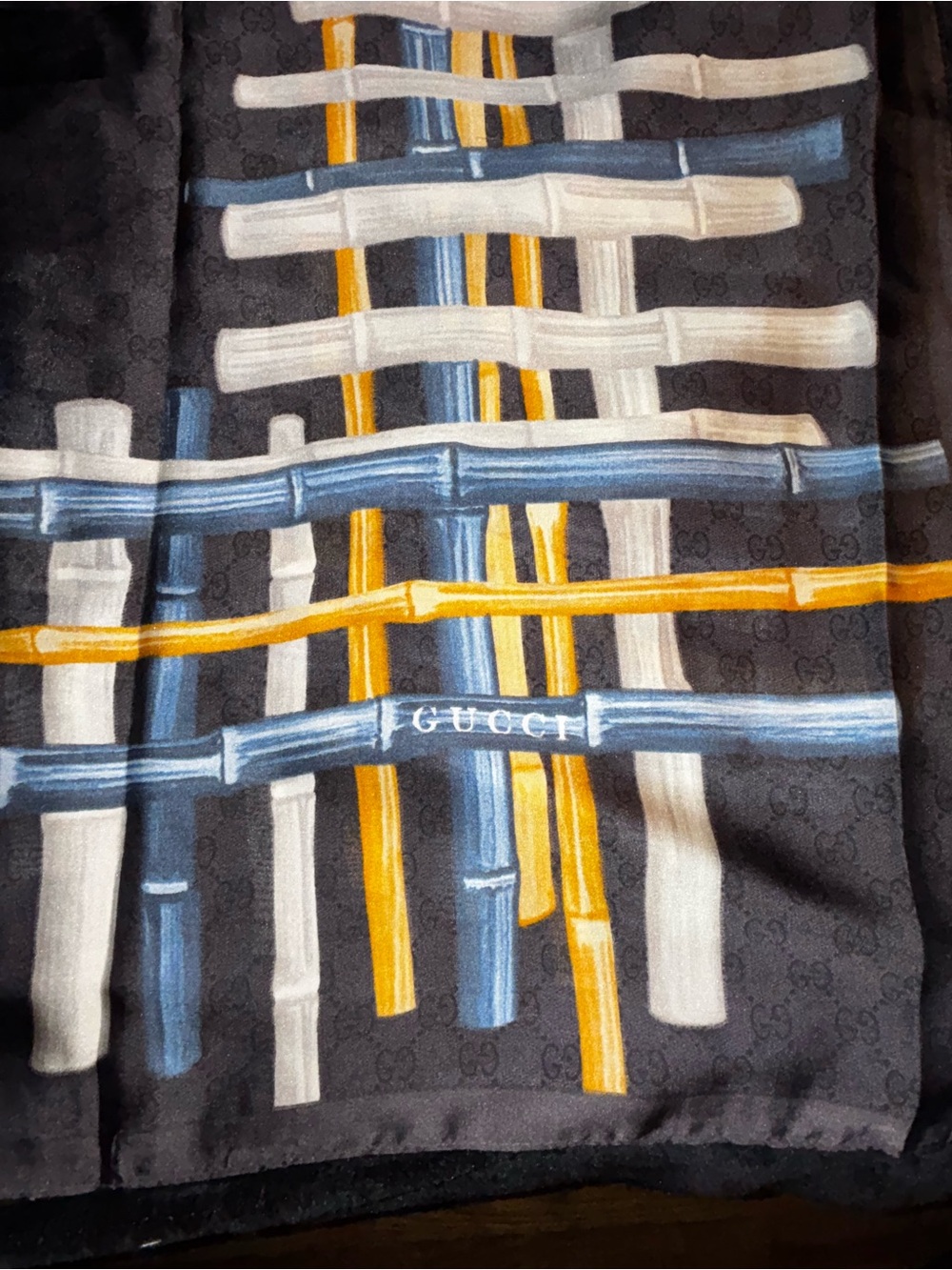 Gucci Striped Silk Scarf in Black, Blue & Yellow